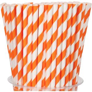 100 Packs Orange Biodegradable Striped Paper Straws, Disposable Drinking Straws for Birthday Carnival Summer Pool Party Wedding Baby Shower Halloween Christmas Party Decoration Supplies