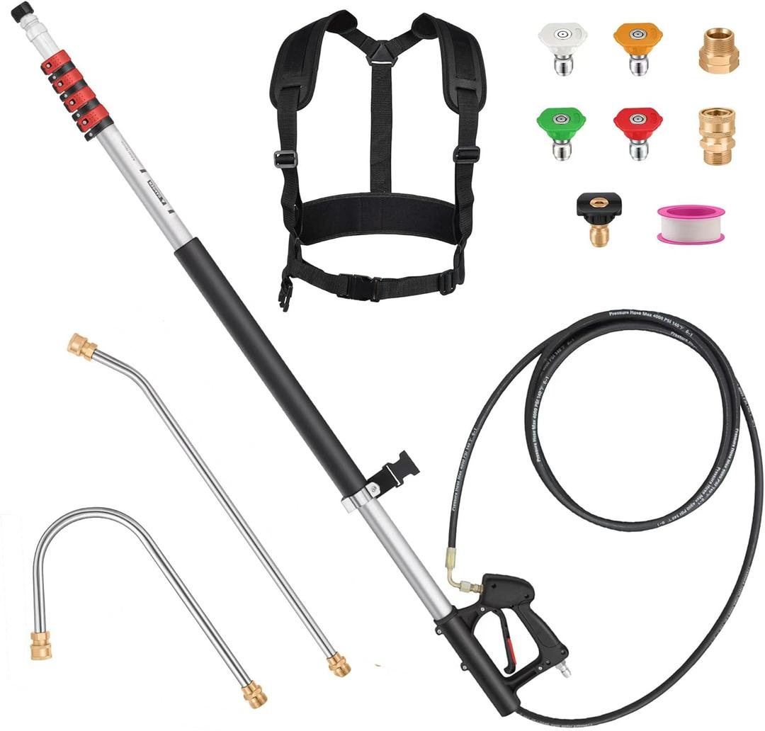 Pressure Washer Telescoping Wand - 24 FT High Pressure Washer Wand Included Power Washer Extension Wands, Gutter Cleaner, 5 Spray Nozzle Tips, 2 Hose Adapters and Support Belt