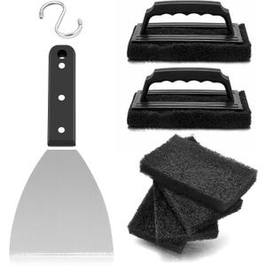 HaSteeL Griddle Cleaning Kit, 7PCS Flat Top Grilling Cleaner Tools Set, Metal Dough Scraper, Cleaning Brush with Handle, Scouring Pads for BBQ Cast Iron Kitchen Cookware Stovetops Hot & Cold Surfaces