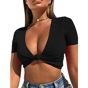 Mizoci Women's Sexy Knot Front Crop Top Deep V Neck Short Sleeve Basic Casual T Shirt XS