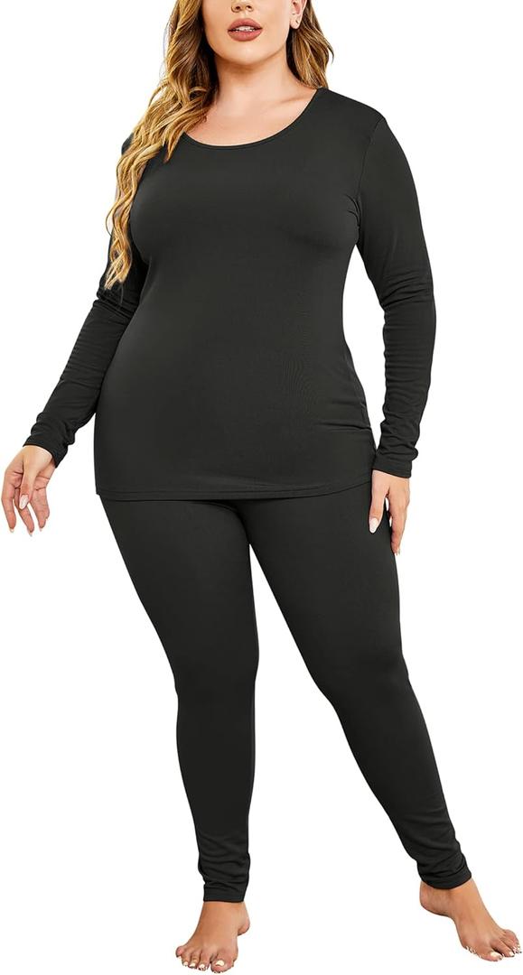 IN'VOLAND Womens Plus Size Thermal Long Johns Sets Fleece Lined 2 Pcs Underwear Top & Bottom Pajama Set (Black, 24 Plus)