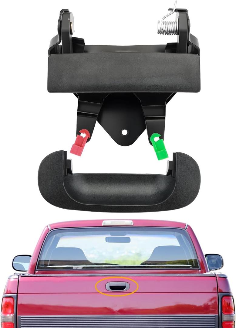 Tailgate Handle Set, Compatible with 1994-2002 Dodge Ram 1500 2500 3500 Pickup, Set of 2 Rear Bed Tail Gate Latch Handle & Bezel Trim with Rod Clips Assembly, Replace# CH1916101, CH1915102, 55074751