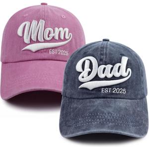 2PCS Mom and Dad EST 2025 2026 Hat, 3D Embroidered Adjustable New Parents Gifts Baseball Cap