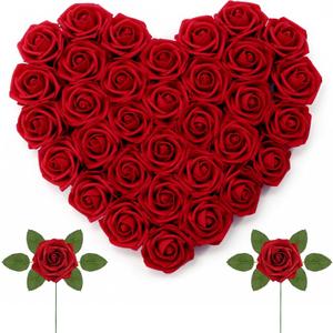 Lifewit Artificial Flowers, 50 Pcs Dark Red Foam Real Looking Roses with Stems, Fake Roses for DIY Wedding Bouquets, Centerpieces Arrangements, Valentine Decorations