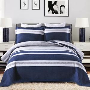 PERHOM Quilts Queen Size Navy Blue Striped Queen Quilt, 100% Cotton Queen Quilts with 2 Shams, Lightweight Soft Bedspreads/Coverlet/Bedding Set for All Season, 3 Pieces