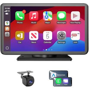 7" Wireless CarPlay Screen for Car - Apple CarPlay & Android Auto Portable Touch Screen with Backup Camera, Bluetooth, FM Transmitter, Voice Control for All Vehicles (Black)