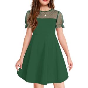 Haloumoning Girls Contrast Mesh Puff Short Sleeve Dress Kids High Waist A Line Casual Dresses with Pockets (Dark Green, 7-8 Years)
