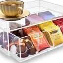 Acrylic Tea Station Organizer for Countertop - Tea Bag Organizer Drawer, Clear Lucite K Cup and Coffee Pod Storage box with 8 Compartments, Tea Caddy Creamer Holder Display Stand