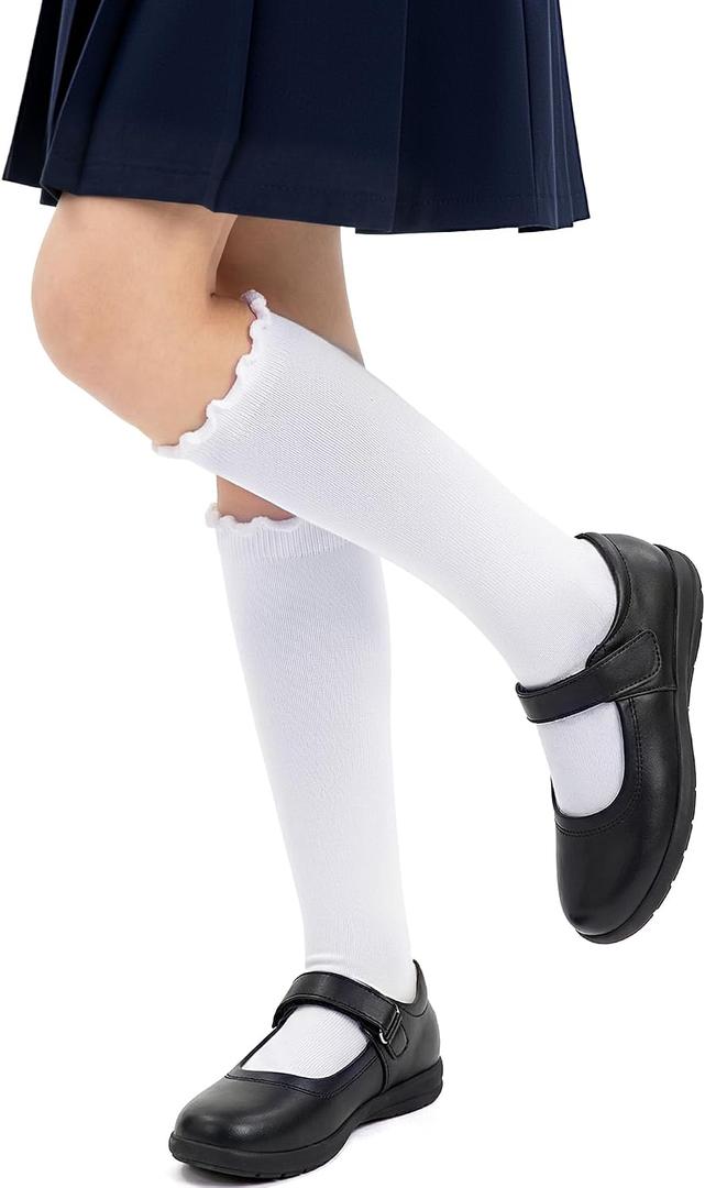 HONGTEYA 3 Pairs Girls Knee High Socks Kids Cotton School Uniform Seamless Toe Sock Dress Socks 4-6 Years (White)