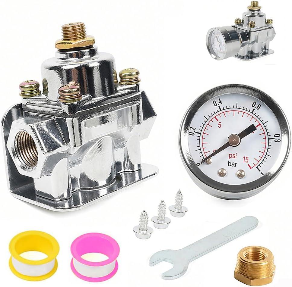 Adjustable Fuel Pressure Regulator Carburetor Parts with Fuel Gauge Kit for Holley and Edelbrock Carburetors, 4 1/2 to 9 PSI, 3/8in NPT, 12-803