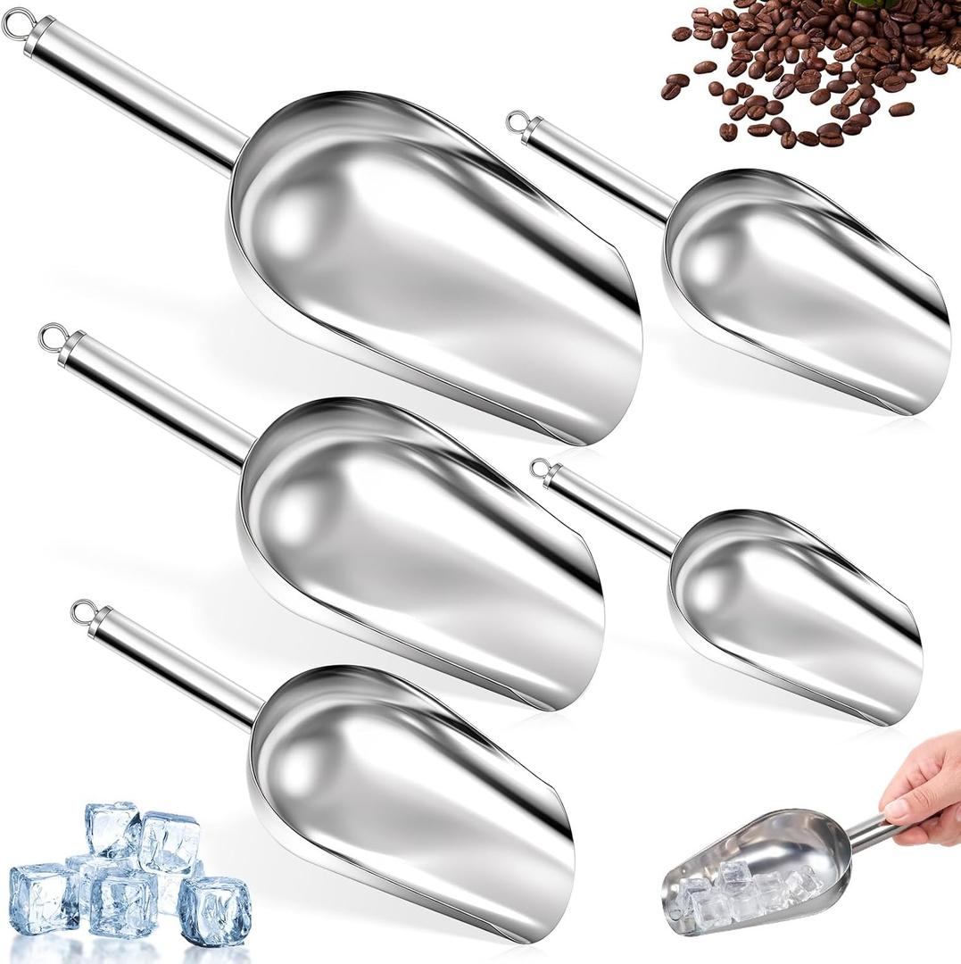 5 Pack 3/6/9/12/16 Ounce Stainless Steel Ice Scoop Set Metal Ice Scoop with Hanging Loop Kitchen Utility Scoops Set for Ices Cube/Coffee Bean/Popcorn/Dog Food
