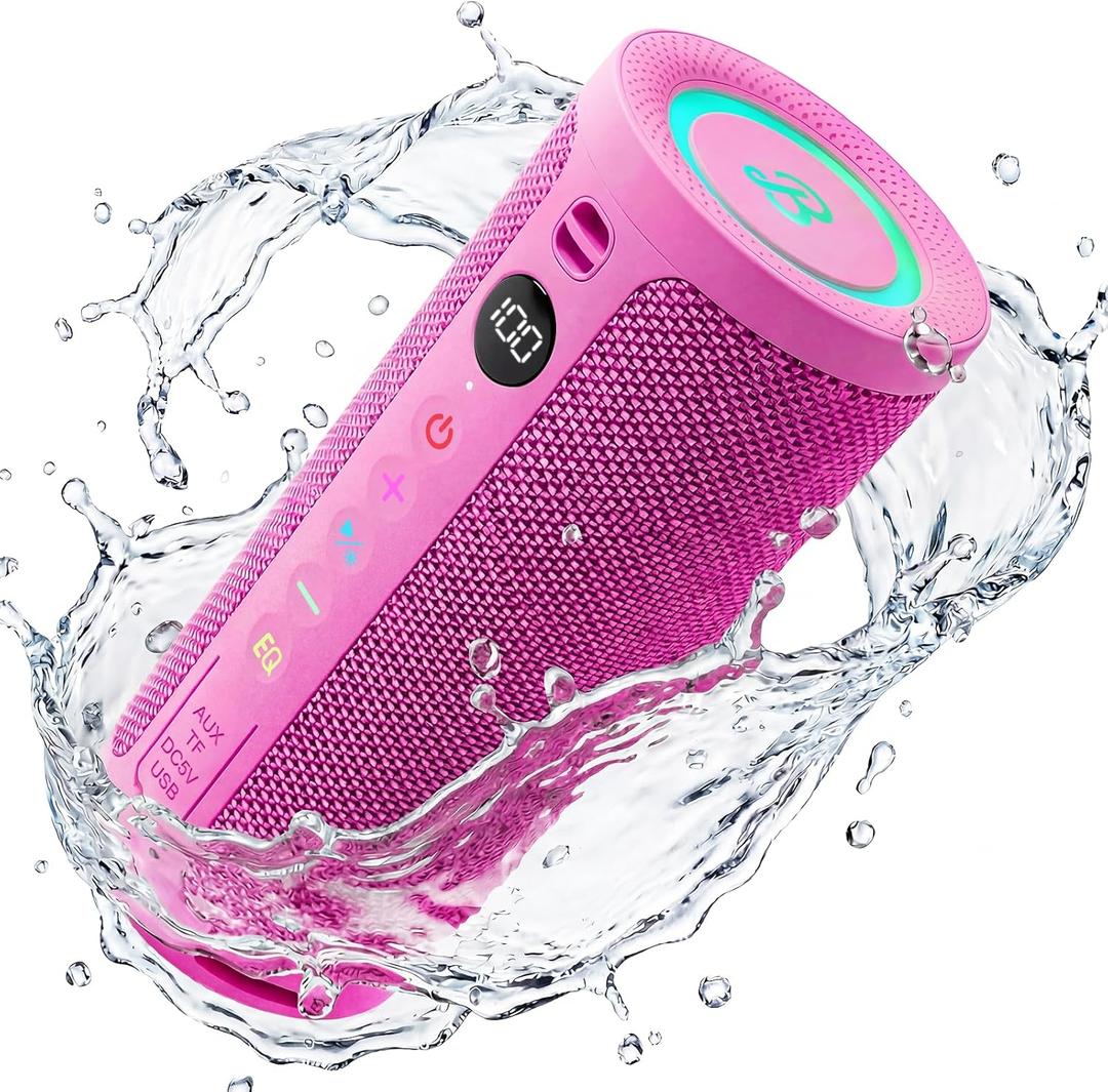 BassBloom Roar 3 Portable Bluetooth Speaker,20W Powerful Sound with JIKE Bass,IPX6 Waterproof,24H Playtime,Bluetooth 5.4,RGB Lights,Wireless TWS Pairing,Outdoor for Camping and Beach (Pink)