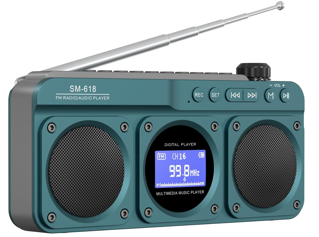 Small Digital FM Radio Bluetooth Speaker, Handheld Rechargeable Radio Wireless Speaker, LCD Display, Double Speakers, Headphone Jack, Support USB/Micro SD Card MP3 Play for Home Outdoor (No AM)