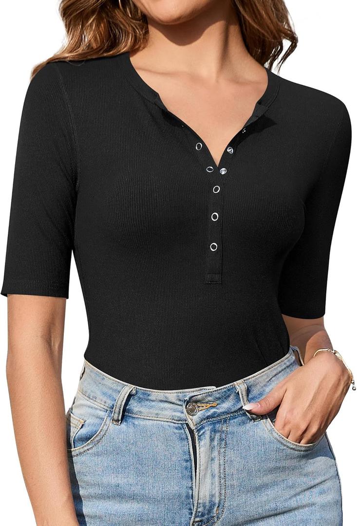 Amoretu Women's Henley Half Sleeve Tops Button Down Fitted Shirts (Medium, Black)
