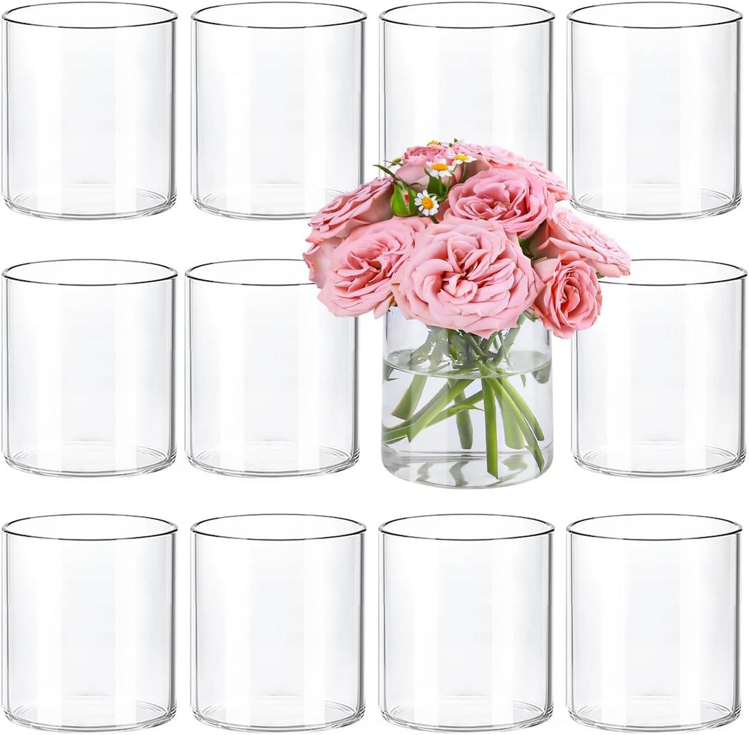 TBWIND 12pcs Small Glass Cylinder Vases for Centerpieces, 4 Inch Clear Flowers Vase for Wedding Decorations, Glass Hurricane Candle Holder for Home Decor Table Centerpiece