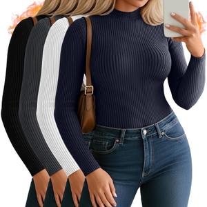 4 Pack Women's Plus Size Mock Turtleneck Tops Thermal Fleece Ribbed Long Sleeve Cotton Fitted Shirts Layer Sweater (5X-Large, Navy Blue, White, Dark Gray, Black)