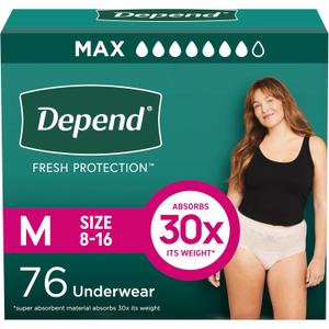 Depend Fresh Protection Adult Incontinence & Postpartum Bladder Leak Underwear for Women, Disposable, Maximum, Medium, Blush, 76 Count (2 Packs of 38), Packaging May Vary