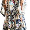 SELINK Womens Long Sleeve Dresses Casual V Neck Tribal Print Button Flowy Boho Mini Beach Dress, Medium