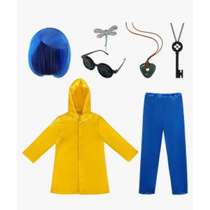 Halloween Yellow Raincoat Costume Kids Girls Jacket Pants Blue Wig Button Glasses Necklace Horror Anime Cosplay L