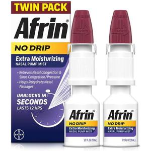 Afrin No Drip Extra Moisturizing Nasal Mist Twin Pack, Non-Drowsy, Fast-Acting Decongestant for Sinus Pressure and Dry Nasal Passages, Adults and Children 6 and Older, .5 fl oz (Pack of 2)