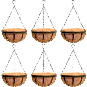 LaLaGreen Outdoor Hanging Baskets for Plants (14 Inch, 6 Pack) Large Black Hanging Planters with Coco Liner, Flat Iron Round Plant Metal Flower Pots for Deck Patio Porch Garden Balcony Outside Decor