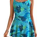 Ekouaer Womens Bathing Suits Ruched Swimsuit Vintage Modest Swim Dress Padded Push Up Swimsuits Tropical Leaf XX-Large