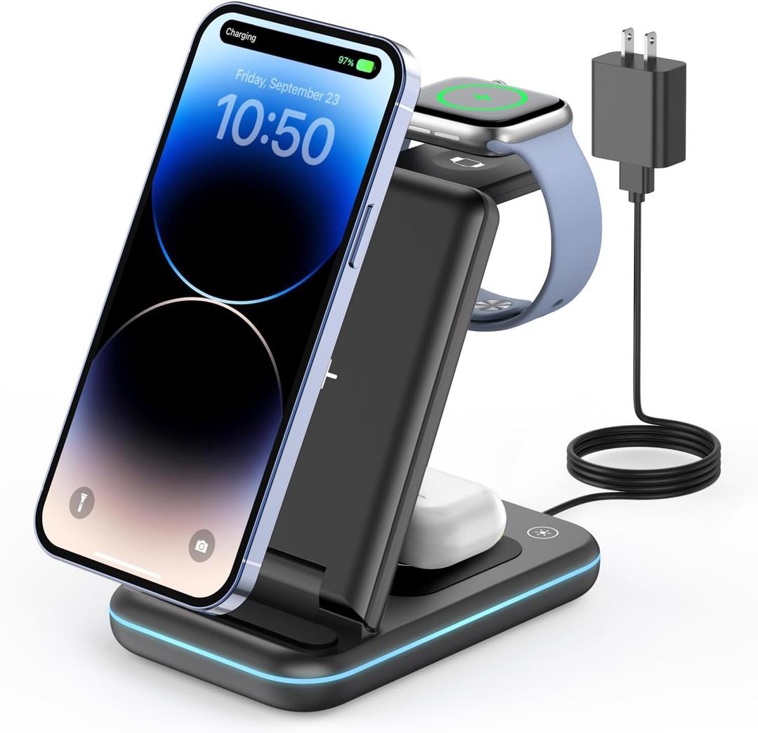 GEEKERA 3 in 1 Wireless Charging Station, Foldable Wireless Charger Stand for Multiple Apple Devices for iPhone 16 15 14 13 12 11 Pro Max Plus X, Apple Watch Ultra/10/9/SE/8/7/6/5, AirPods Pro/4/3/2 (Black)