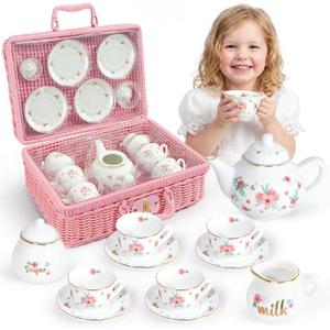 Porcelain Tea Set for Toddlers, Tea Party Set for Little Girls, Pink Floral Teapot Cup Saucer Carry Case, Princess Party Pretend Play Kids Toys, Toddler Girl Birthday Gifts Age 3-8 Years Old