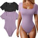 OQQ Women's 2 Piece Bodysuits Sexy Ribbed One Piece Square Neck Short Sleeve Bodysuits (Large, Black Taro Purple)