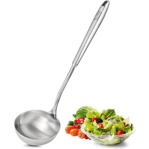 Solid Stainless Steel Soup Ladle, 13.7" Food-Grade 304 Rust-Free Table Ladle, Brashed-Polished & One-Piece Dishwasher-Safe, Ergonomic Long Handle for Home, Kitchen, Restaurant