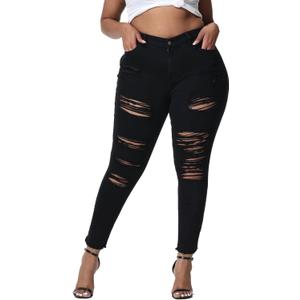 Womens Plus Size Skinny Jeans Stretchy High Waisted Ripped Distressed Ankle Jean (Black-057), 24W