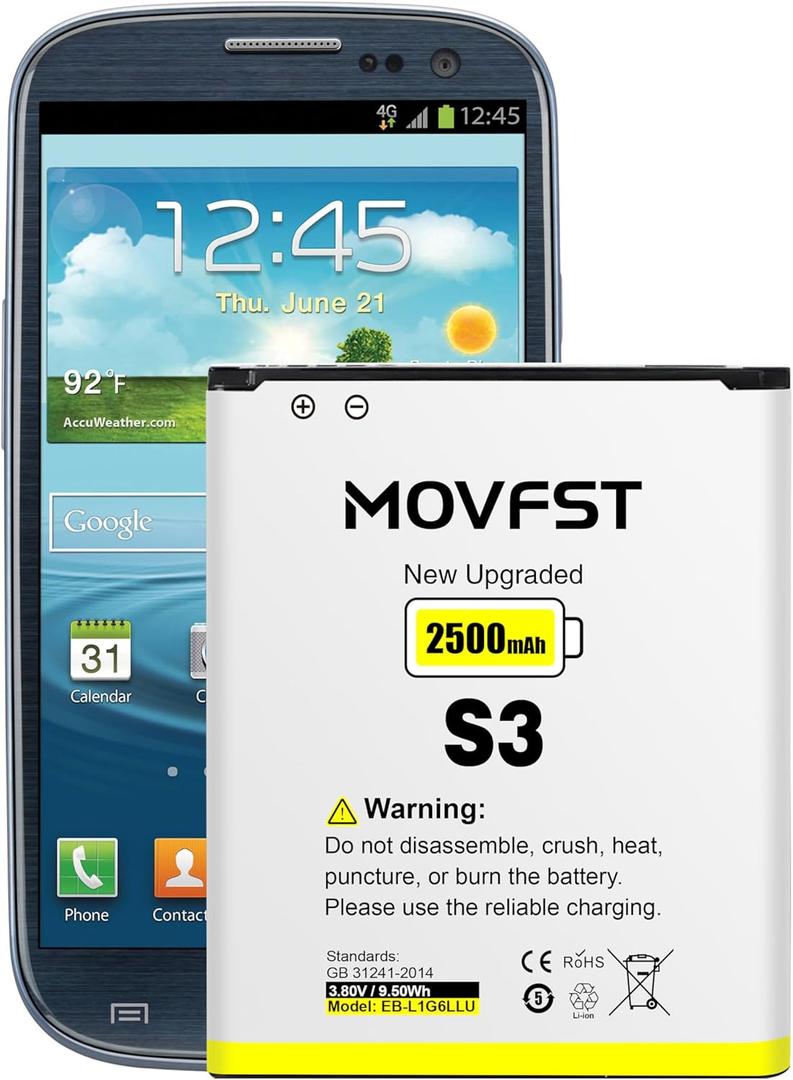 Replacement Battery for Samsung Galaxy S3,2500mAh High Capacity Battery Fit for Samsung Galaxy S3 Model Verizon I535, T-Mobile T999, Sprint L710, AT&T I747, R530, LTE I9305,EB-L1G6LLU