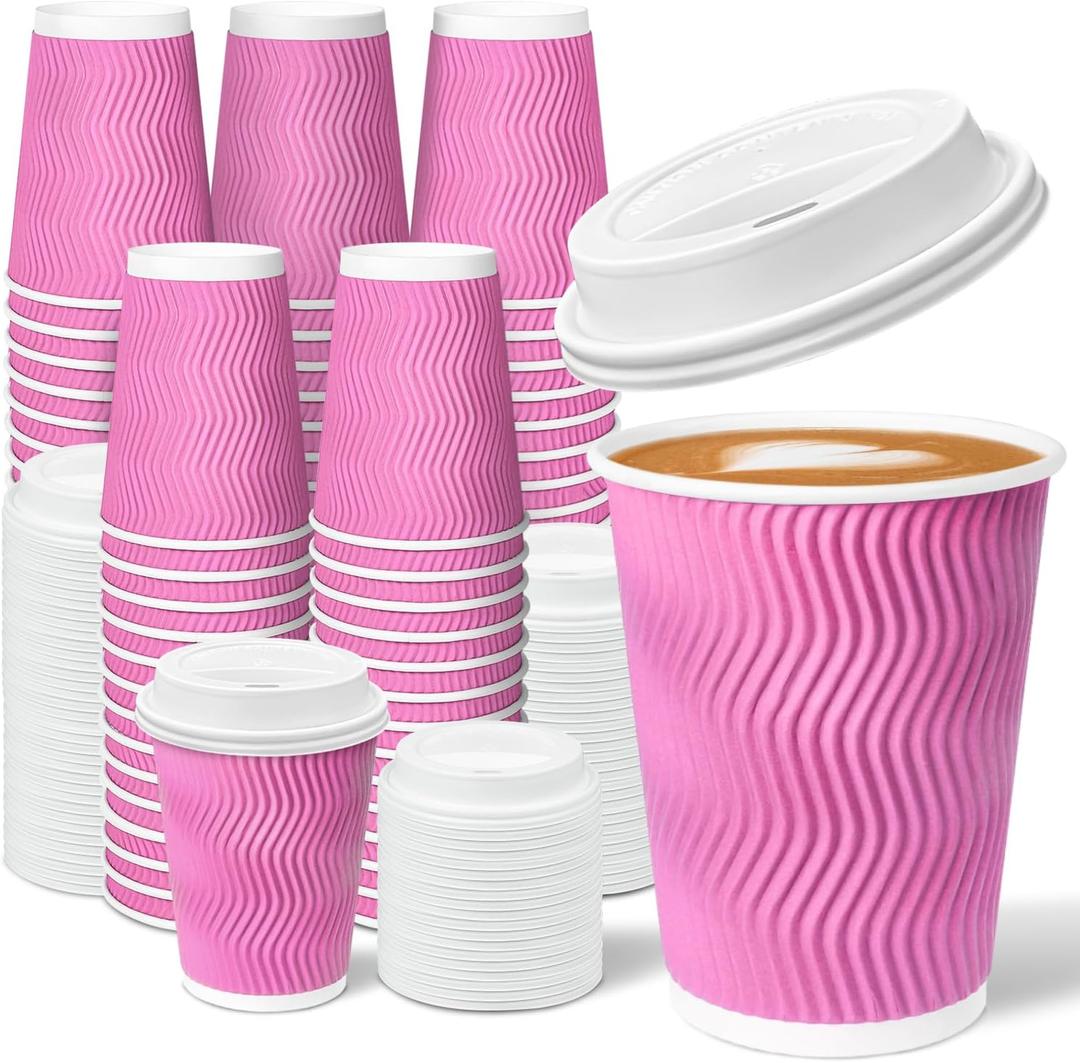 Charmount 100 Pack 12 oz Pink Disposable Insulated Coffee Cups with Lids - Ripple Wall Hot Paper To-Go Cups for Coffee, Tea, Cocoa, and Drinks - For Valentines Day