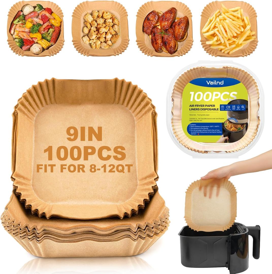 Vailnd Air Fryer Liners Disposable, 100Pcs 9 Inch Max Xl Large Cooker Airfryer Paper Liners, Oil Proof Parchment Sheets Square Basket Baking Liner for 8/10/11/12 QT Air Fryer Microwave (9"Square)