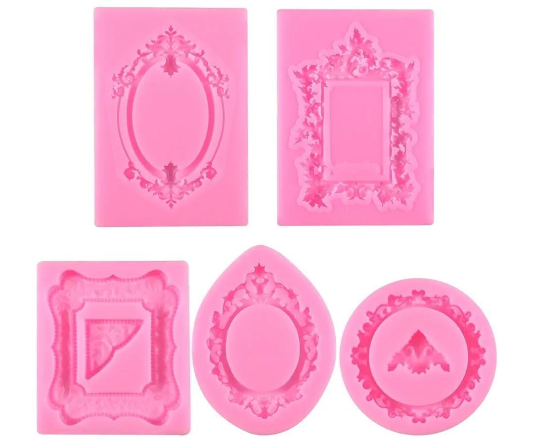 Photo Frame Silicone Molds, 5 PCS Mini Picture Frames Fondant Molds Baroque Style Air Dry Clay Mold Vintage Polymer Clay Mold for Cupcake Chocolate Candy Cake Baking Polymer-Clay DIY Craft Decoration