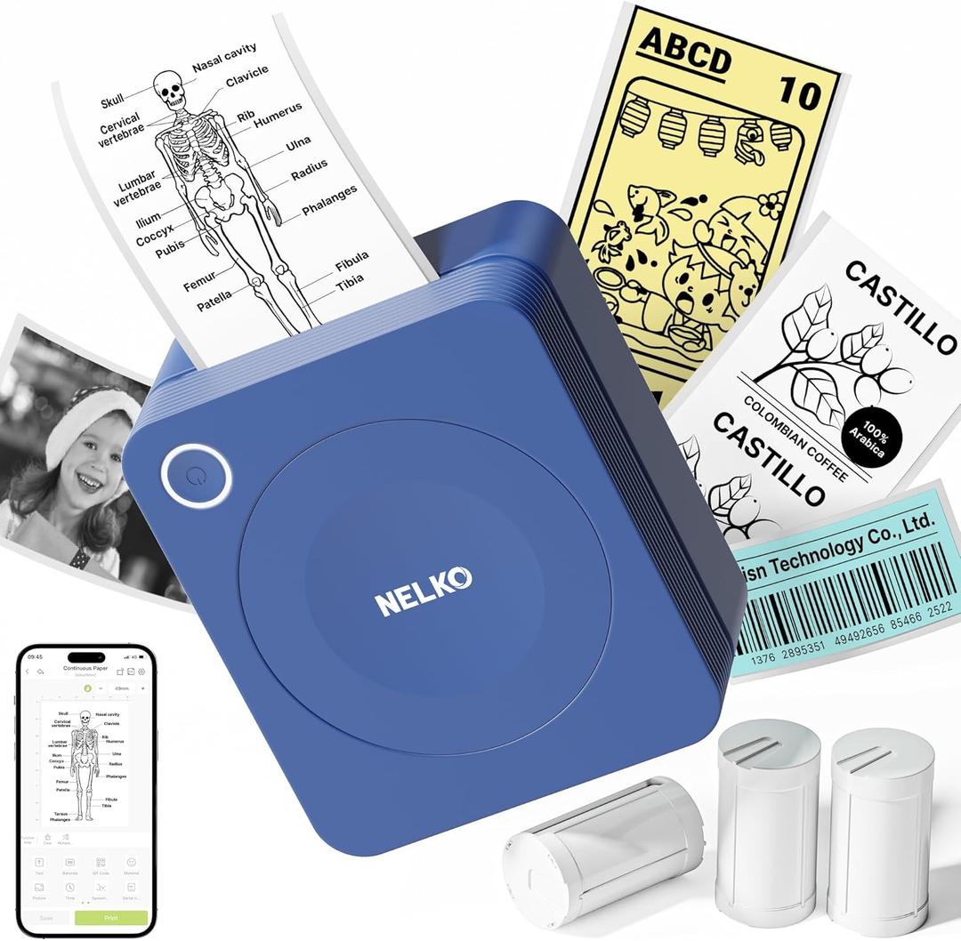 Nelko Sticker Printer, PM230 Print Pod Mini Bluetooth Portabel Sticker Maker with 3 Rolls Paper, Print Pods Mini Printer with Multiple Templates for Phone & Tablet, Blue
