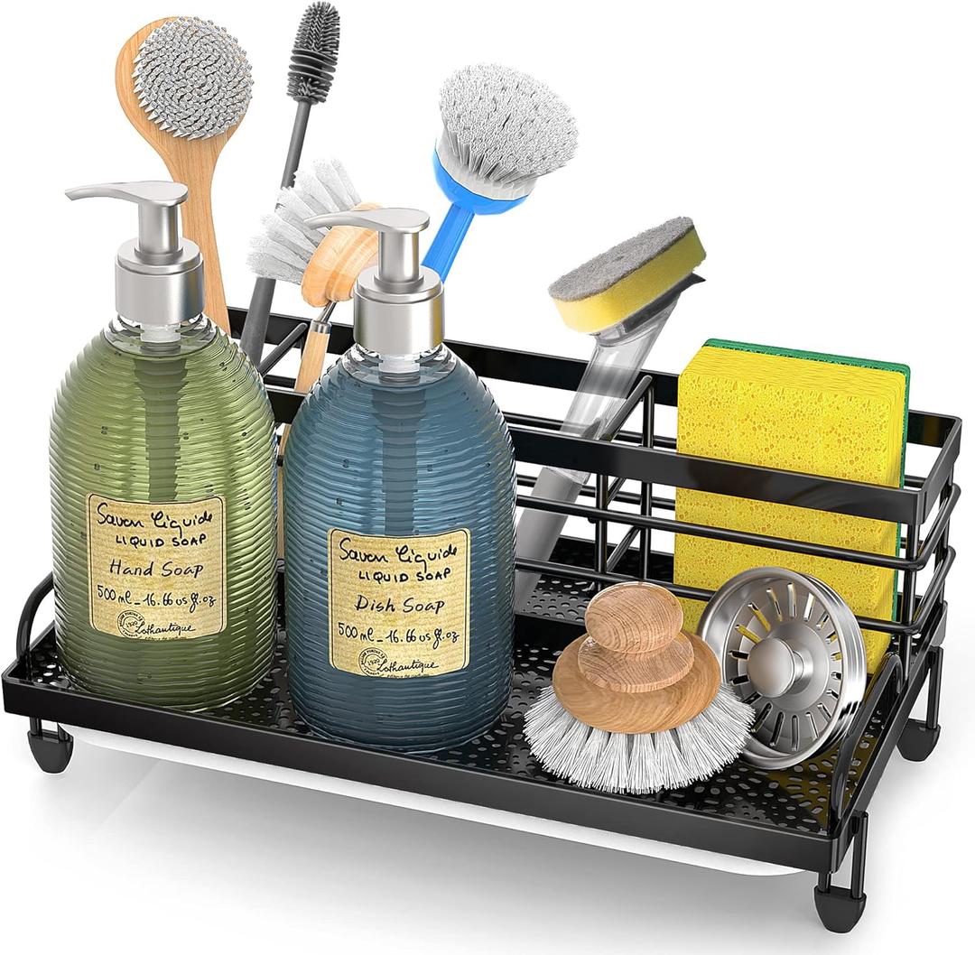 Cisily Large Kitchen Sink Caddy Organizer, Rustproof Non-Slip Soap Dish Dispenser Brush, Sponge Holder for Kitchen Sink, Kitchen Organization and Storage, Home Essentials AccessoriesBlack (Black)