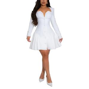 acelyn Womens Elegant Square Neck Pleated Mini Dresses Long Sleeve Button Flared Formal Cocktail Party Club Short Dress White XL