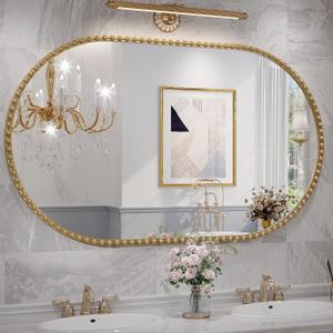 Gold Oval Mirror for Wall, 48x30 Inch Large Oval Bathroom Mirror, Antigue Gold Vanity Mirrors, Metal Floral Frame Mirror for Bedroom Living Room, Hangs Horizontally or Vertically
