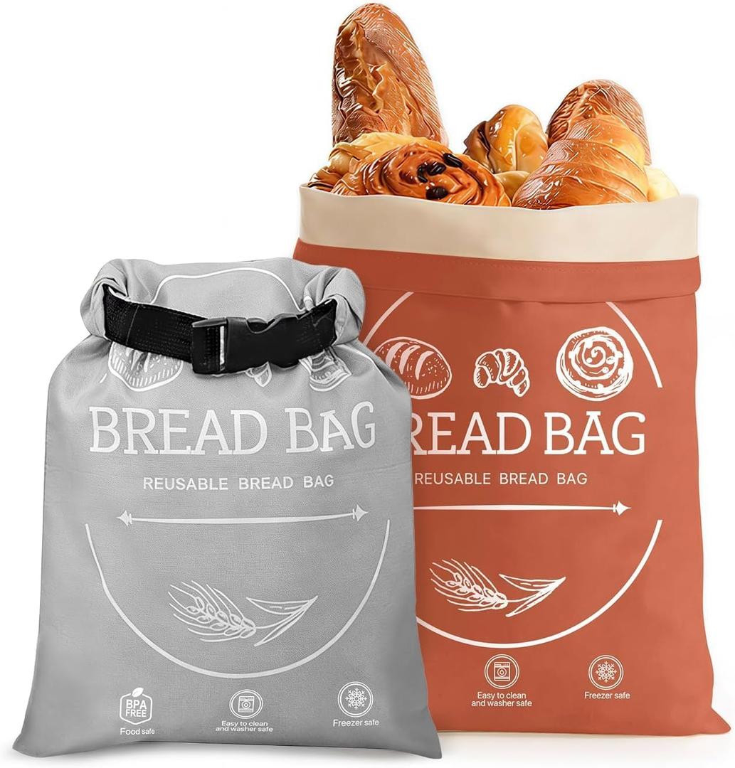 Bread Bags for Homemade, Beeswax Reusable Bread Bag for Sourdough 2-Pack, Large Linen Cotton Reusable Waxed Food Storage Bag to Keep Sourdough Fresh, Freezer-Safe (Orange&Grey)