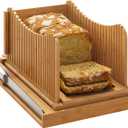Large Bamboo Bread Slicer with Serrated Knife, Adjustable Bread Slicer Guide with 3 Thickness Size, Foldable Compact Chopping Cutting Board with Crumb Tray (Extra A - with Knife)