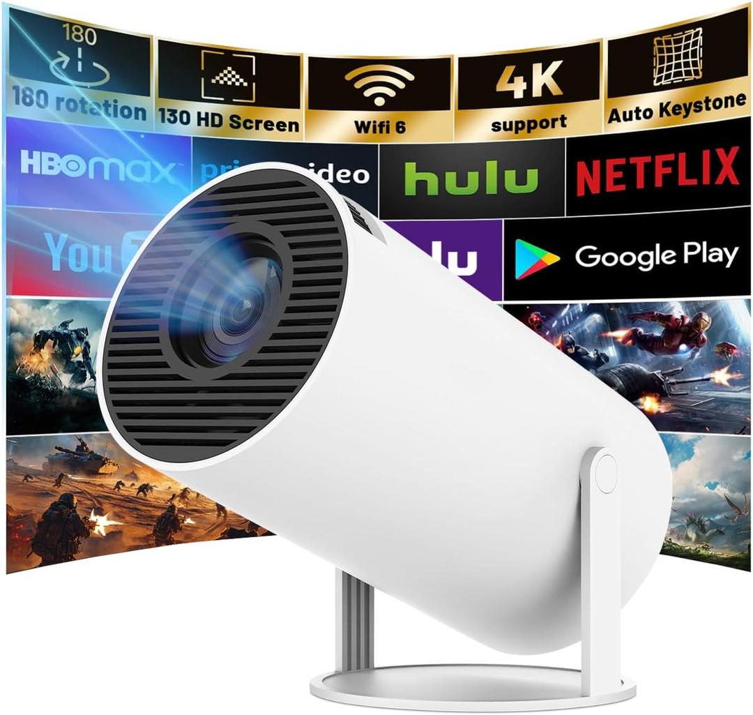 Mini Projector with Android System, HY300PRO 4K 1080P Support Portable Projector with WIFI 6 and Bluetooth, 160 ANSI, Auto Keystone Correction, 130" Screen Video Projector for Laptop/PC/Smartphone