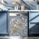 Dishwasher Magnet Cover Floral 23x26 inch, Silver Metallic Decorative Magnetic Dishwasher Cover, Removable Waterproof Appliance Cover Magnet for Modern Kitchen Decor, 23 inches x 25.5 inches