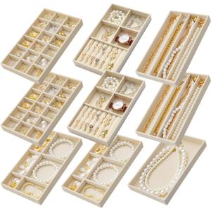 Stackable Jewelry Organizer Trays Set of 9, Small Velvet Jewelry Organizers Earring Necklace Ring Bracelet Display Case Storage for Drawer Dresser (Beige)