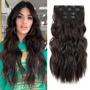 REECHO Hair Extensions, 4PCS Clip in Hair Extensions 24" Thick Long Beach Waves Black Brown hair extensions HE003 Invisible Lace Weft Natural Soft Synthetic Hairpieces for Women  Black Brown