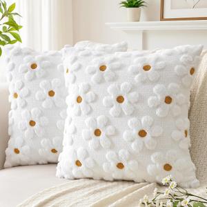 2 x Artscope Spring Summer Pillow Covers 18x18 Set of 2 Decorative Yellow Flower Heart Daisy Throw Pillow Cases Soft Plush Faux Fur Couch Cushion Case for Holiday Farmhouse Sofa Bed Room Home Decor-White