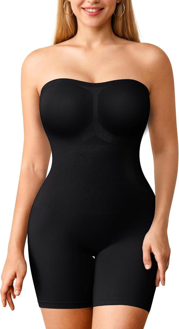 Irisnaya Strapless Shapewear for Women Tummy Control Slimming Shapewear Bodysuit Full Body Shaper with Removable Straps (Medium, Black)