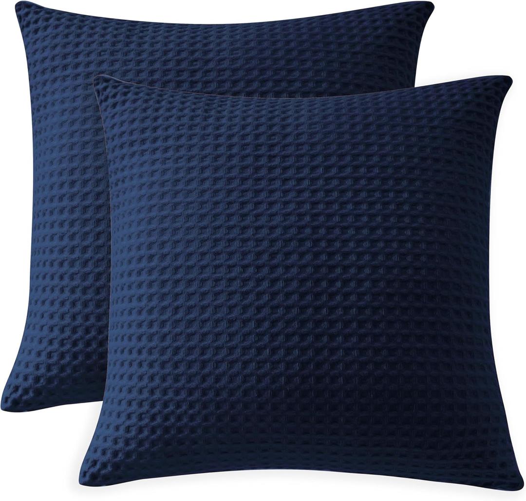 100% Egyptian Cotton 600 TC Waffle Weave Throw Pillow Covers 2 Pack, Ultra Soft Breathable Euro Pillow Shams Covers, Decorative Cushion Covers for Bed Couch Sofa Car, No Insert, Navy Blue, 24" x 24"