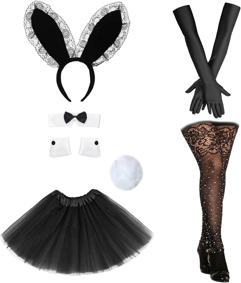Vegove Bunny Girl Costume for Women-Rabbit Ear Headband, Collar with Bow Tie, Tutu Skirt for Easter Role Play Cosplay Parties (Black)