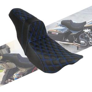 One-Piece Seat Driver & Passenger Seat 2-Up Fit For Harley Touring Road King FLHR Road Glide FLTR Street Glide FLHX Electra Glide Ultra Limited FLHT 2009-2023 (Blue Stitching) (Without Driver Backrest)